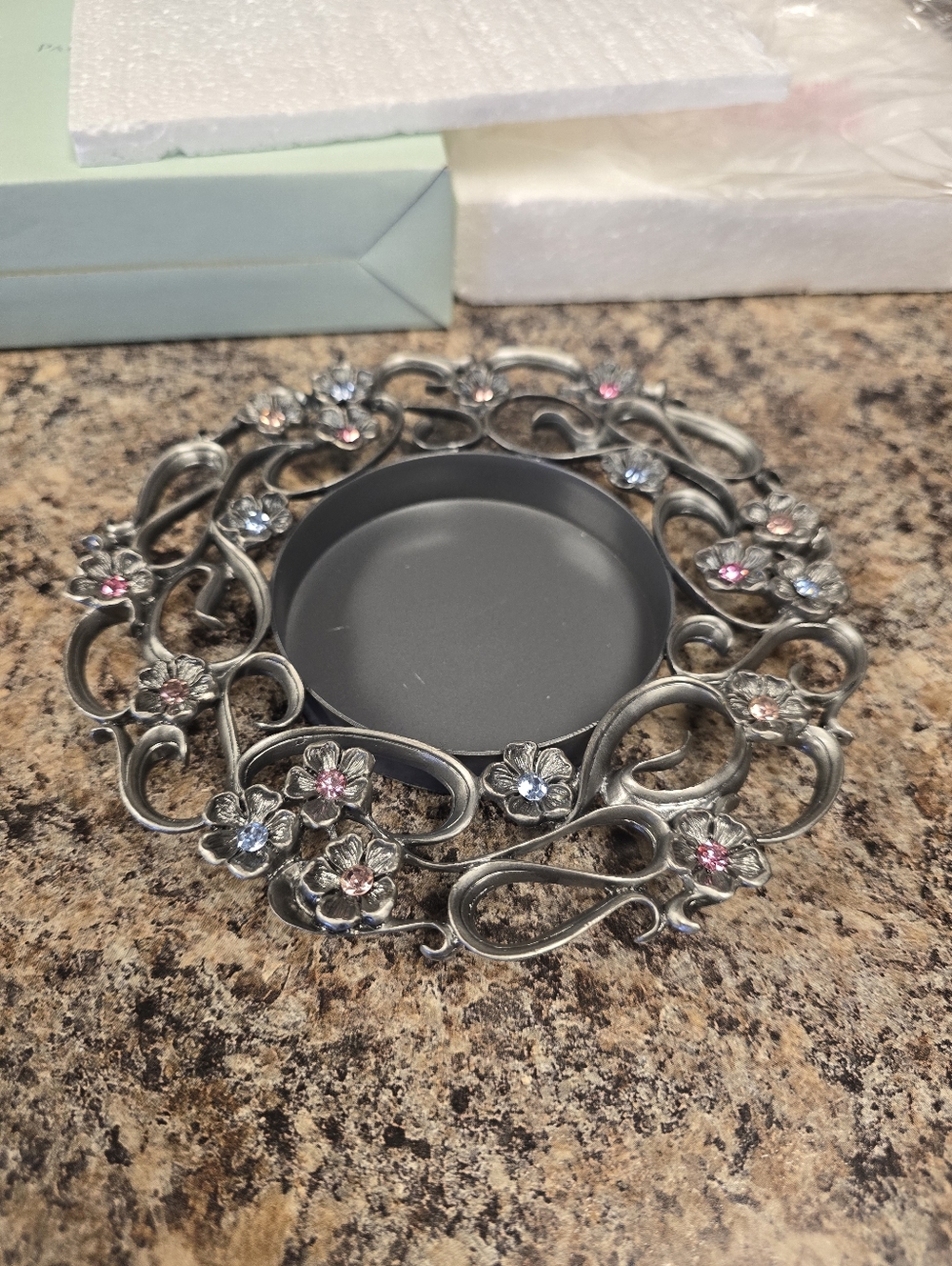 Decorative Silver Floral Tealight Holder with Pink and Blue Accents